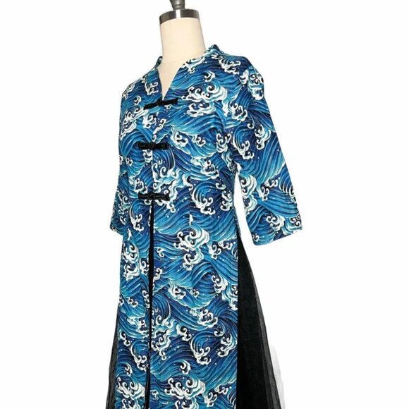 Rare Ukiyo-e Art "The Great Wave off Kanagawa" Print Mandarin Collar Dress - Picture 3 of 7